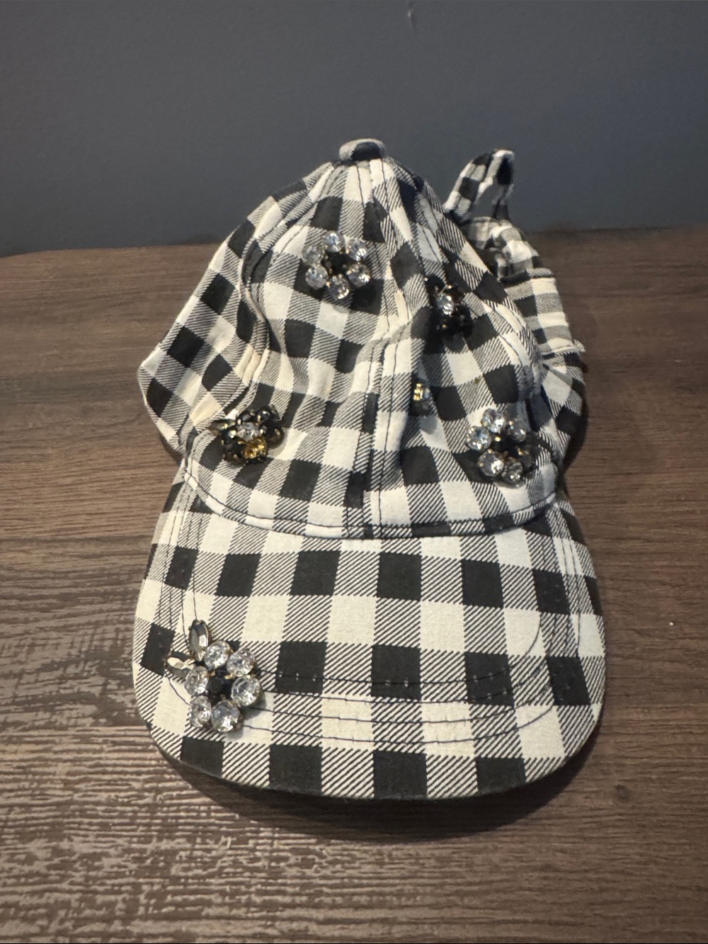 Betsy Johnson Black and White Checkered  Cap with Decorative Gems and tie back.